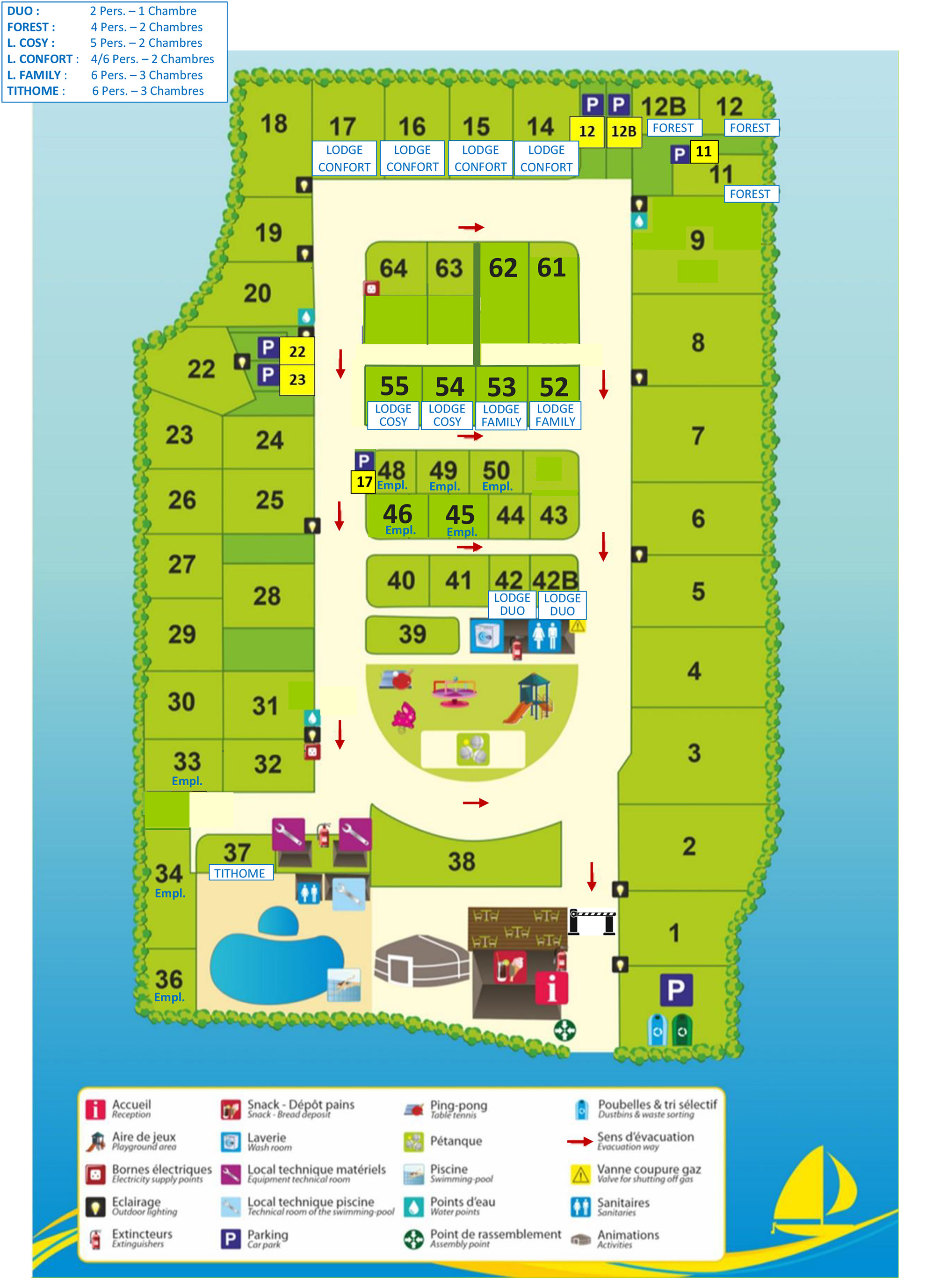 plan du camping les Mimosas à Fouesnant